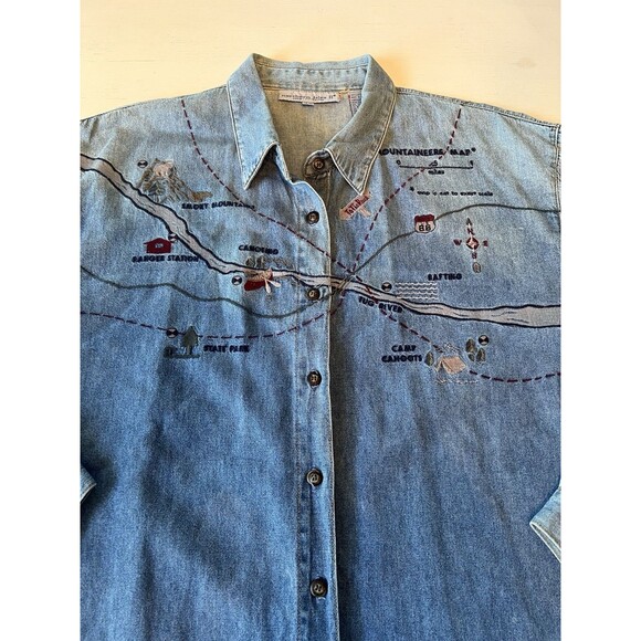 Vtg Northern Isles Womans‎ 16w Denim Mountaineers Map Embroidered Button Up - Picture 2 of 8